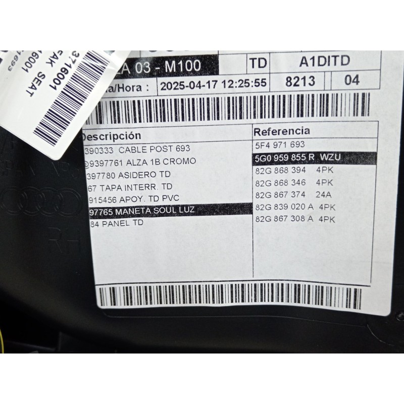 Recambio de guarnecido puerta trasera derecha para audi a1 sportback (gba) 30 tfsi referencia OEM IAM 5G0959855R 82G867488 