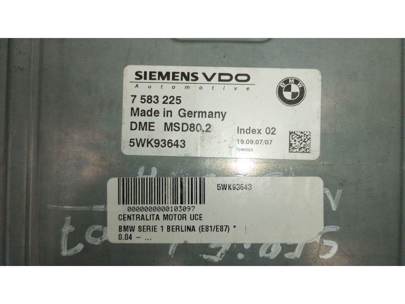 Recambio de centralita motor uce para bmw 1 (e81) 116 i referencia OEM IAM 7583225 5WK93643 