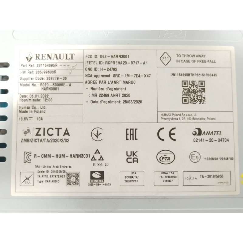 Recambio de sistema audio / radio cd para dacia sandero iii 1.0 sce 65 referencia OEM IAM 281154695R 285J99603R 