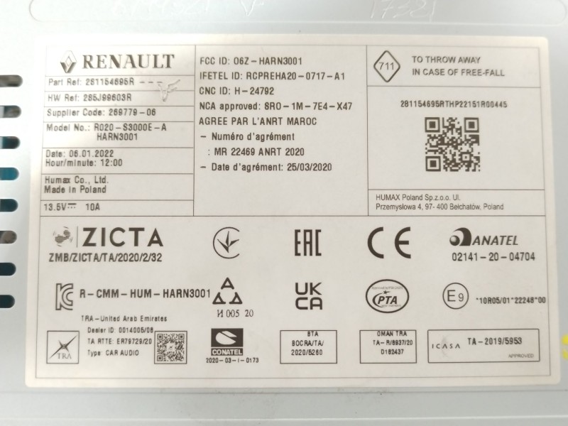 Recambio de sistema audio / radio cd para dacia sandero iii 1.0 sce 65 referencia OEM IAM 281154695R 285J99603R 