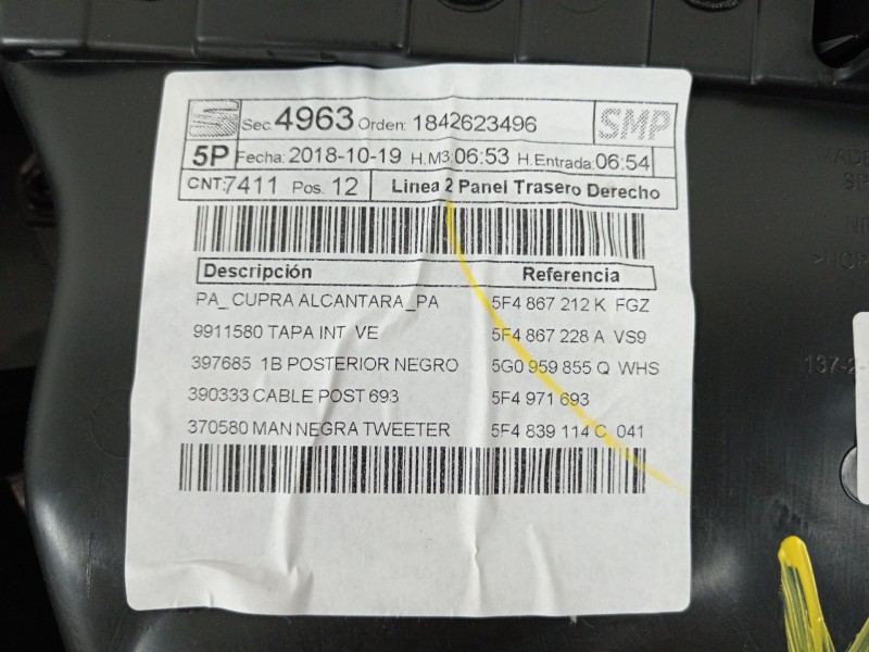 Recambio de guarnecido puerta trasera derecha para seat leon (5f1) cupra 290 referencia OEM IAM 5F4867212K  
