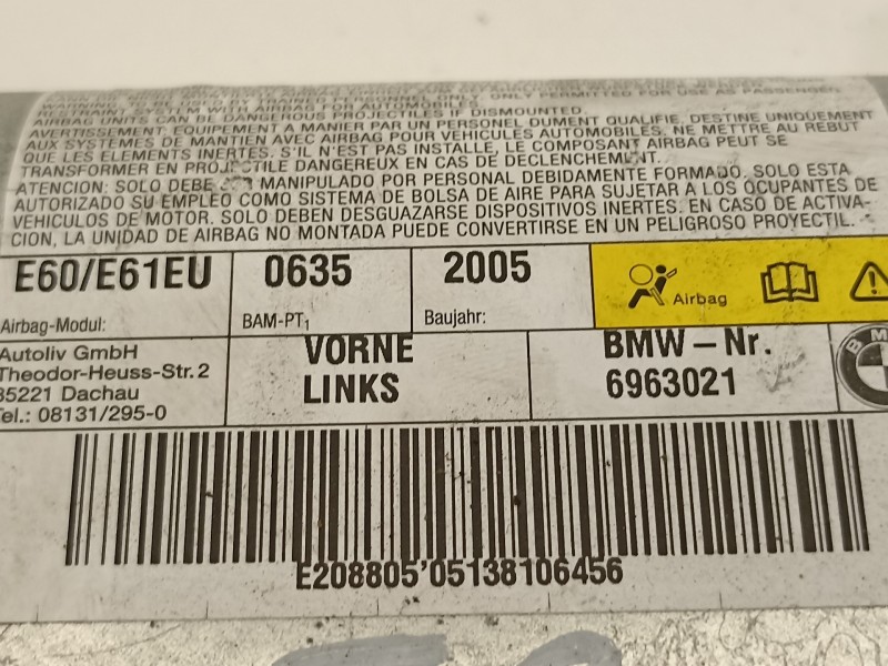 Recambio de airbag lateral delantero izquierdo para bmw serie 5 berlina (e60) 530d referencia OEM IAM 6963021  