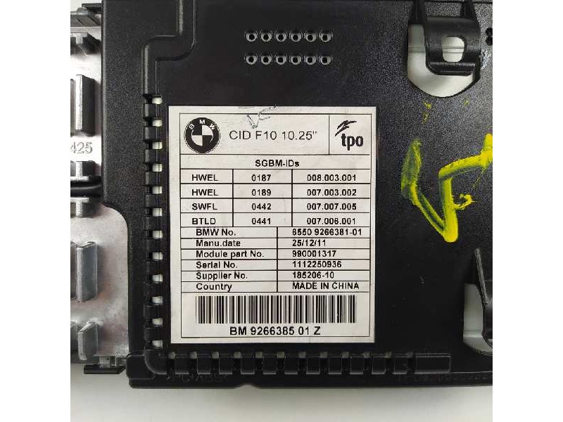 Recambio de pantalla multifuncion para bmw serie 5 lim. (f10) 520d referencia OEM IAM 65509266381 9266385 