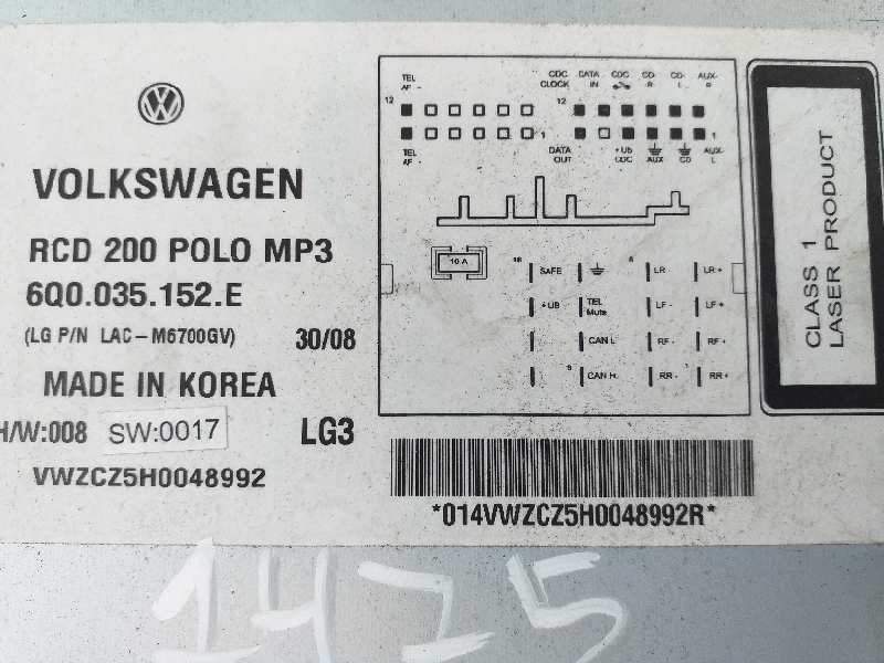 Recambio de sistema audio / radio cd para volkswagen polo (9n3) united referencia OEM IAM 6Q0035152E  
