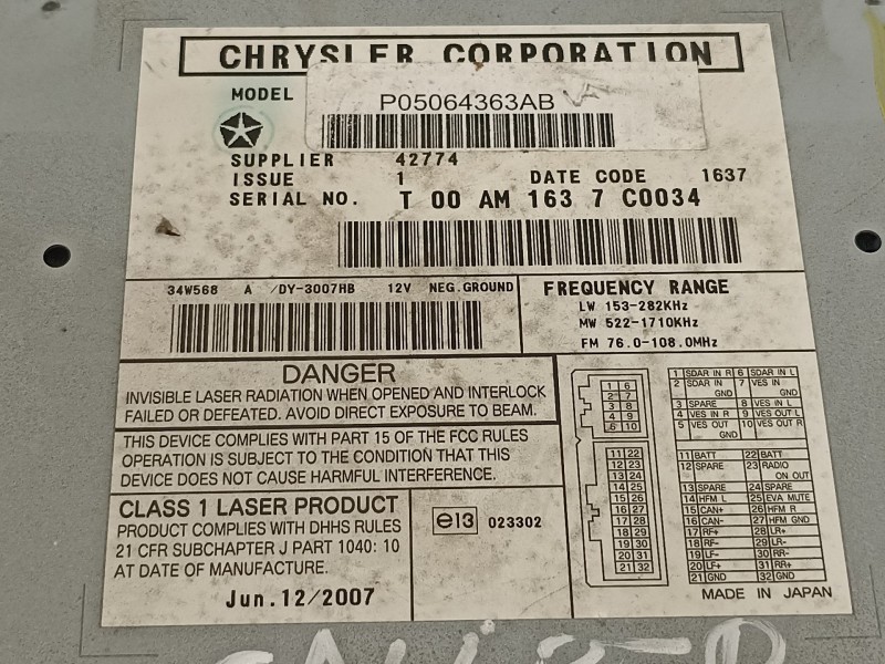 Recambio de sistema audio / radio cd para dodge caliber s referencia OEM IAM P05064363AB  