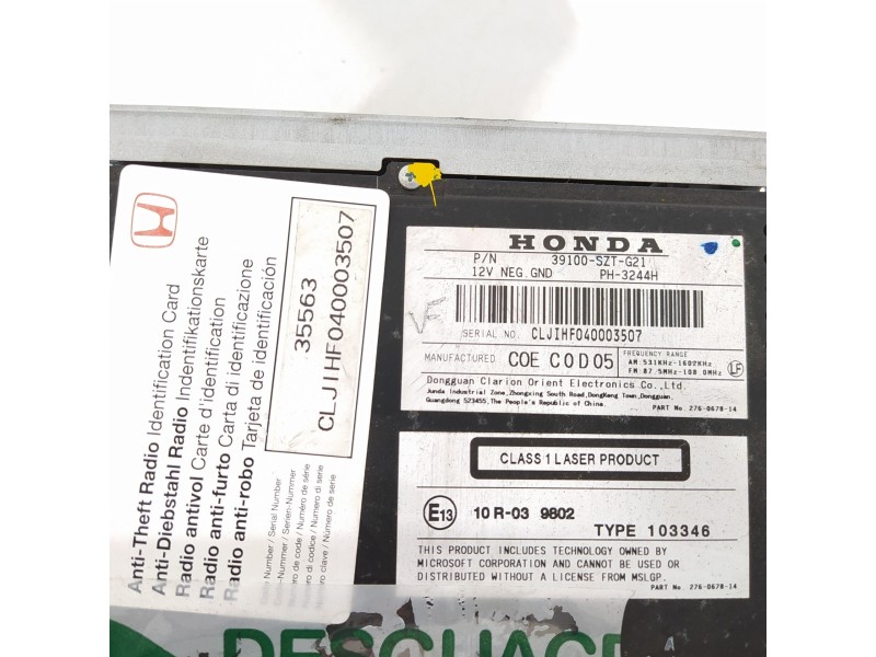 Recambio de sistema audio / radio cd para honda cr-z (szt) gt referencia OEM IAM 39100SZTG21  