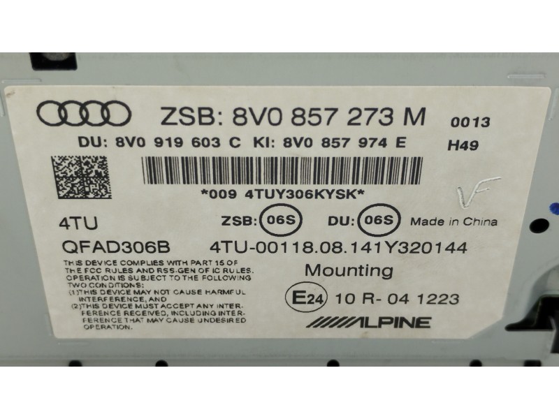 Recambio de pantalla multifuncion para audi a3 sportback (8va) ambiente referencia OEM IAM 8V0857273M 8V0919603C 8V0857974E