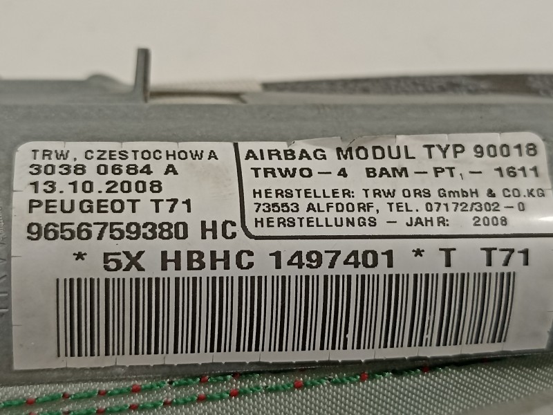Recambio de airbag cortina delantero derecho para peugeot 308 confort referencia OEM IAM 9656759380  