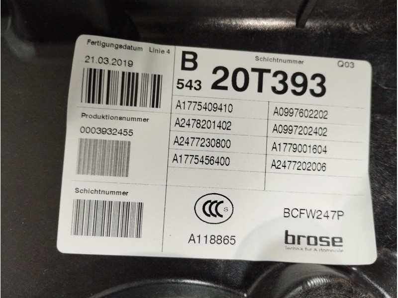 Recambio de elevalunas delantero derecho para mercedes-benz clase b (w247) 247 referencia OEM IAM A0009065706 A1775409410 A24782