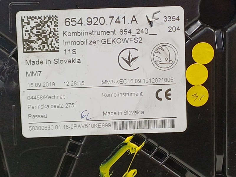 Recambio de cuadro instrumentos para skoda scala (nw1) 1.6 tdi referencia OEM IAM 654920741A  