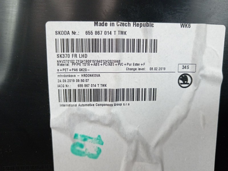 Recambio de guarnecido puerta delantera derecha para skoda scala (nw1) 1.6 tdi referencia OEM IAM 655867014  