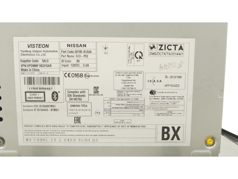 Recambio de sistema audio / radio cd para nissan qashqai (j11) acenta referencia OEM IAM 281854CA0A  
