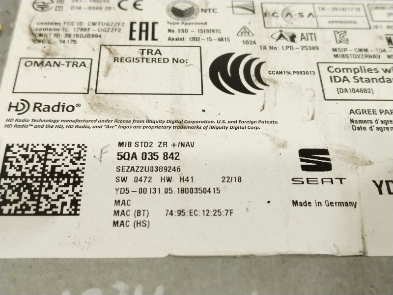 Recambio de sistema audio / radio cd para seat leon st (5f8) style referencia OEM IAM 5QA035842  