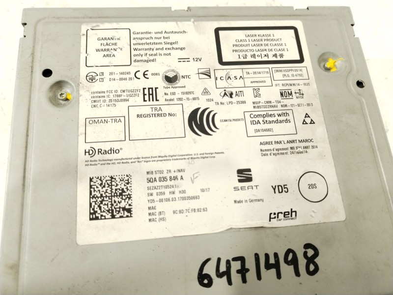 Recambio de sistema audio / radio cd para seat leon (5f1) 1.6 tdi referencia OEM IAM 5QA035846A  