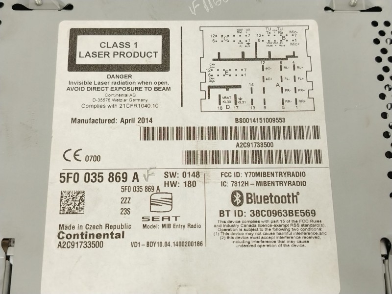 Recambio de sistema audio / radio cd para seat leon (5f1) i-tech referencia OEM IAM 5F0035869A A2C91733500 