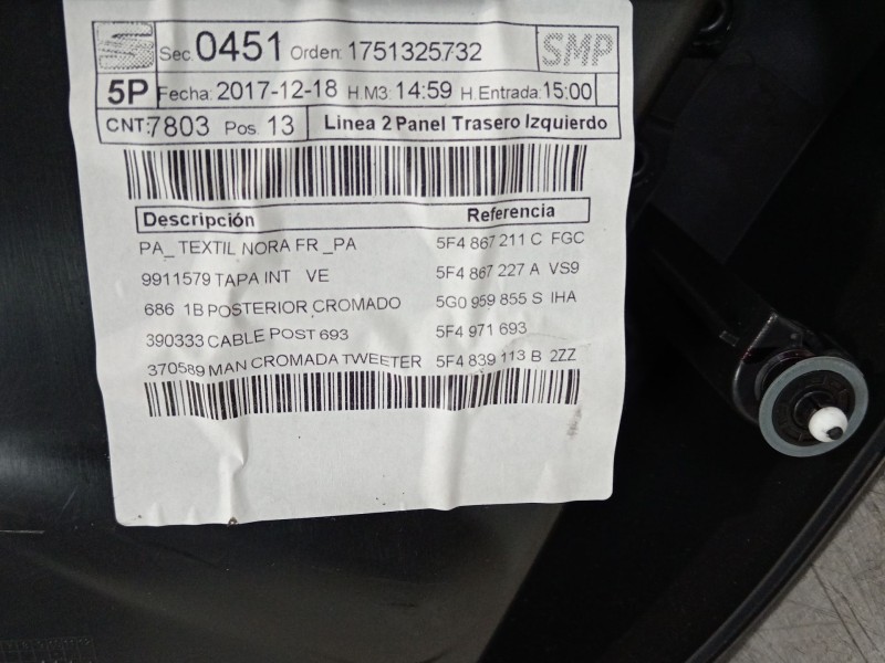 Recambio de guarnecido puerta trasera izquierda para seat leon (5f1) fr referencia OEM IAM 5F4867211C  
