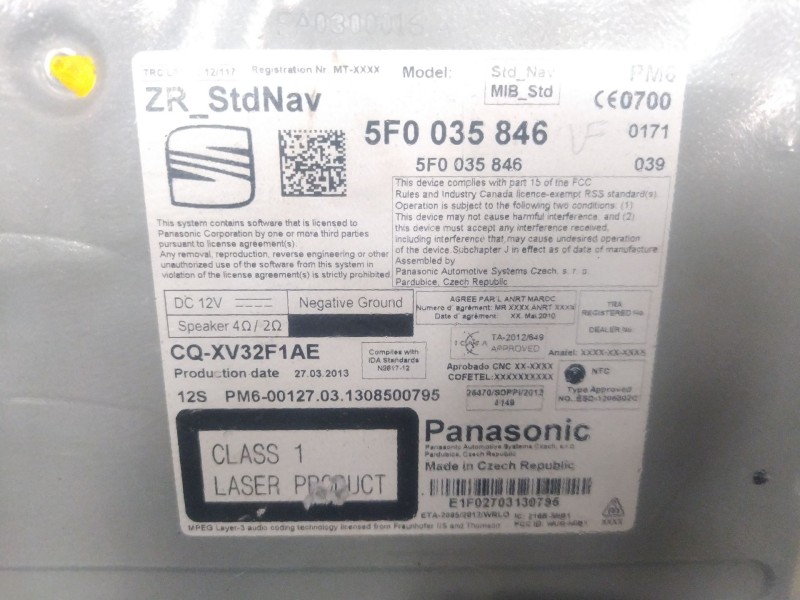 Recambio de sistema audio / radio cd para seat leon (5f1) fr referencia OEM IAM 5F0035846  