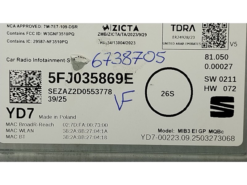 Recambio de pantalla multifuncion para seat arona (kj7, kjp) 1.0 tgi referencia OEM IAM 5FJ035869E  