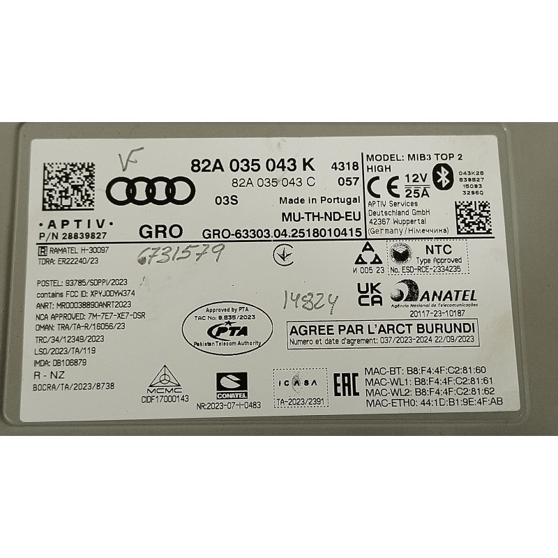 Recambio de sistema audio / radio cd para audi a1 sportback (gba) 30 tfsi referencia OEM IAM 82A035043K 82A035043C 