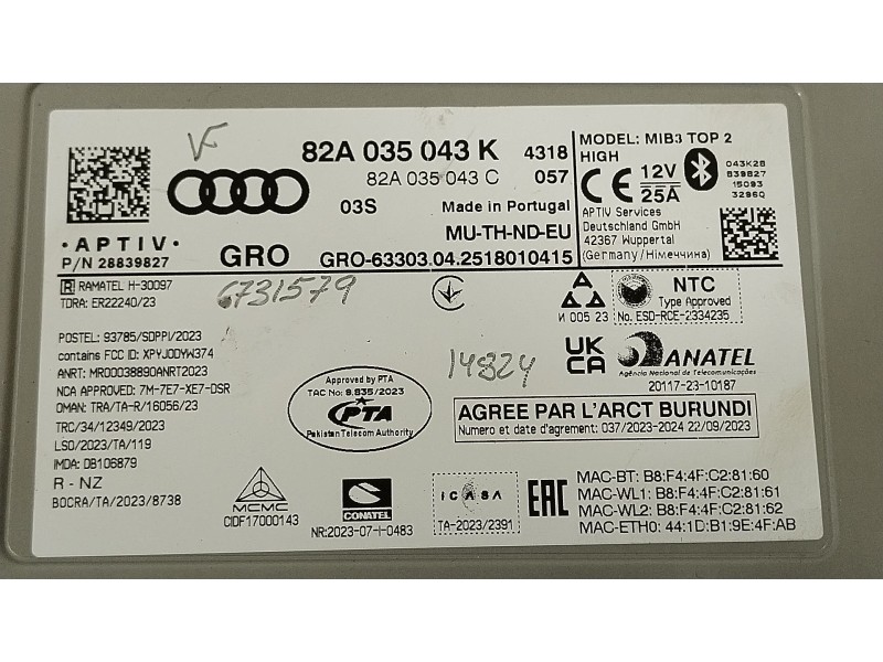 Recambio de sistema audio / radio cd para audi a1 sportback (gba) 30 tfsi referencia OEM IAM 82A035043K 82A035043C 